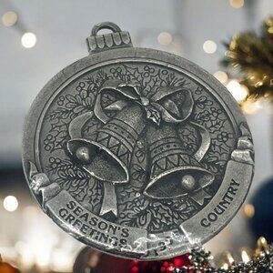 Vintage Country Seasons Greetings Pewter Tree Ornament with Bells & Bows 1996
